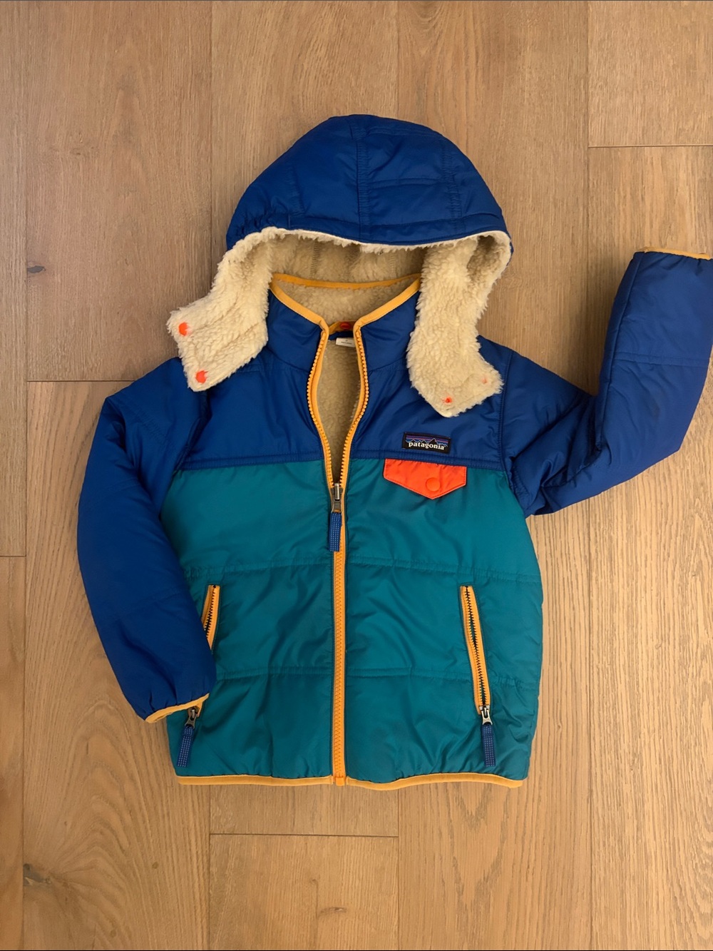 Patagonia Kids Blue & Teal Hooded Puffer with Orange Trim